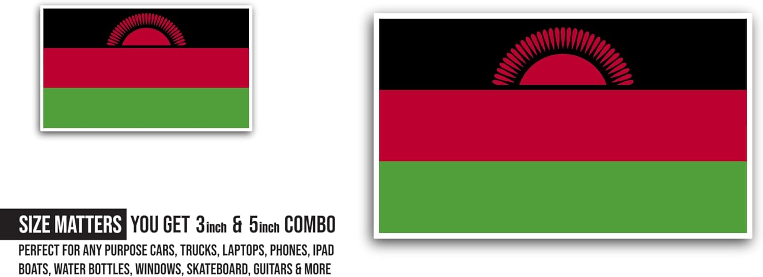 2 (Pieces) 3" and 5" Malawi Flag Sticker, Waterproof Vinyl Decals for Many Purpose Like Cars, Trucks, Laptops, Phones, Windows and More