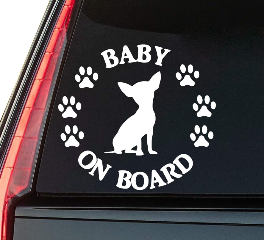 Chihuahua Baby On Board Window Vinyl Decal Sticker 6" (White), Waterproof Vinyl Decals for Many Purpose Like Cars, Trucks, Laptops, Phones, Windows and More