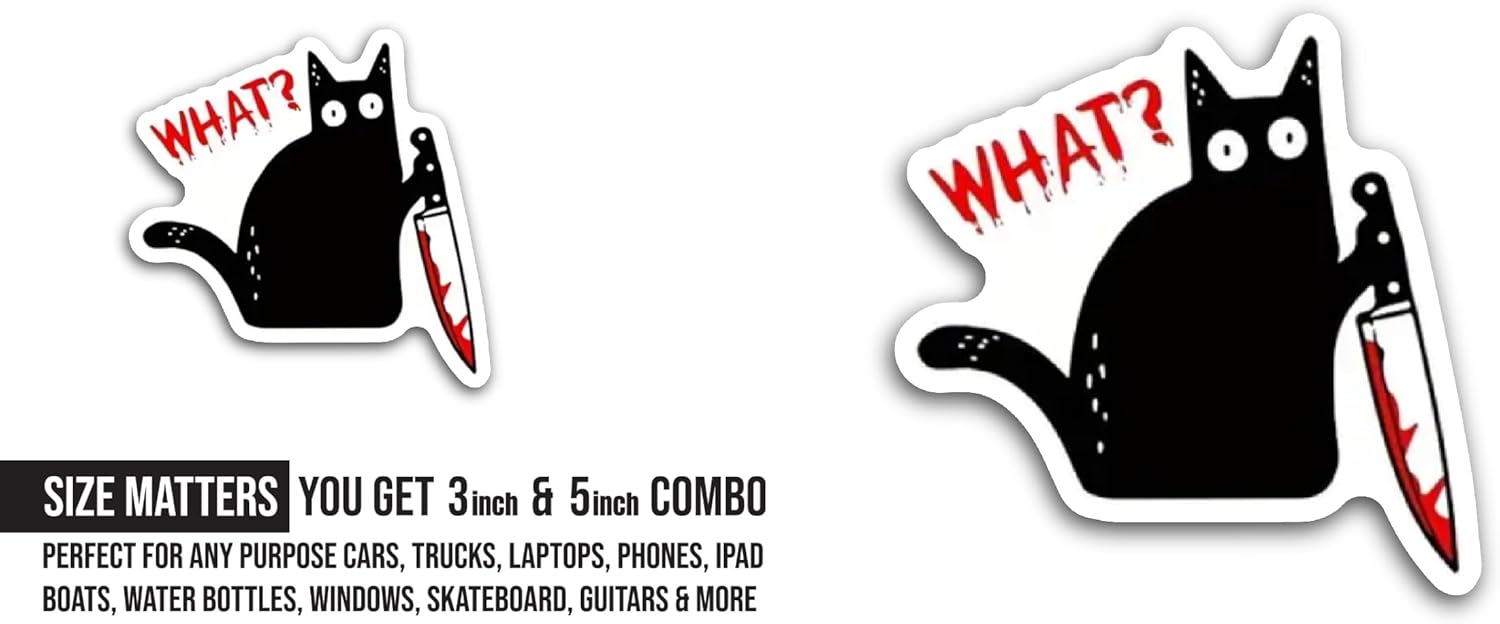 2 (Pieces) 3" and 5" Black Cat with Knife Sticker, Waterproof Vinyl Decals for Many Purpose Like Cars, Trucks, Laptops, Phones, Windows and More