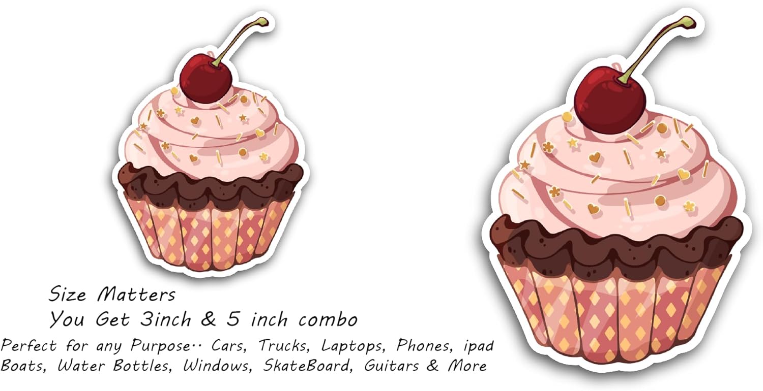 2 (Pieces) 3" and 5" Strawberry Cupcake Sticker, Waterproof Vinyl Decals for Many Purpose Like Cars, Trucks, Laptops, Phones, Windows and More