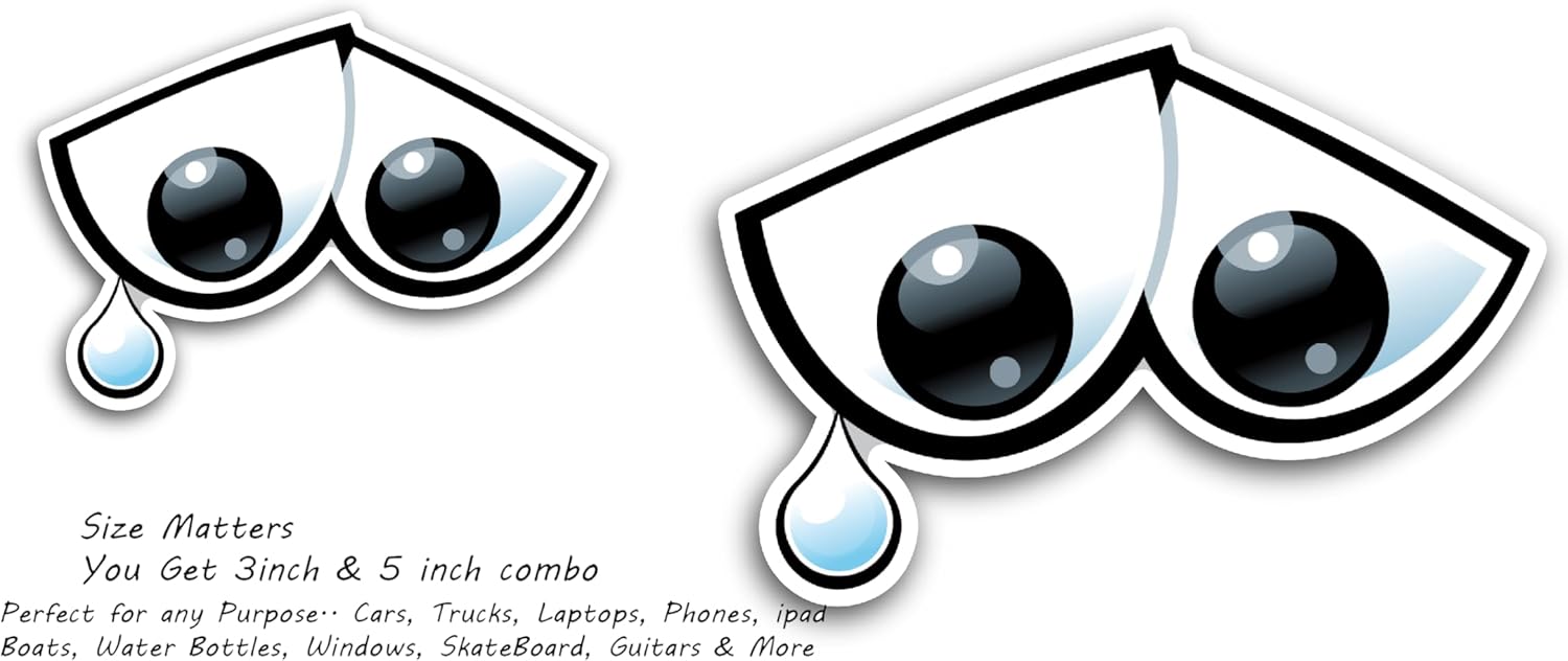 2 (Pieces) 3" and 5" Eyes with Drop of tears Decal Sticker, Waterproof Vinyl Decals for Many Purpose Like Cars, Trucks, Laptops, Phones, Windows and More