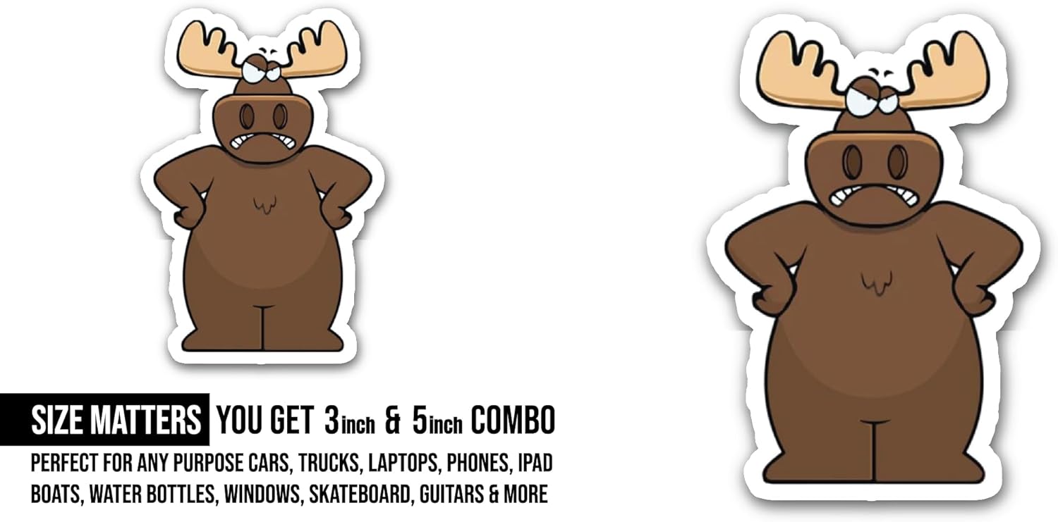 2 (Pieces) 3" and 5" Angry Moose Sticker, Waterproof Vinyl Decals for Many Purpose Like Cars, Trucks, Laptops, Phones, Windows and More
