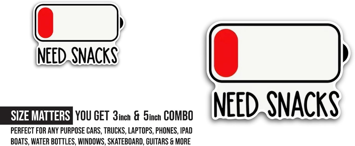 2 (Pieces) 3" and 5" Need Snacks Text Sticker, Waterproof Vinyl Decals for Many Purpose Like Cars, Trucks, Laptops, Phones, Windows and More