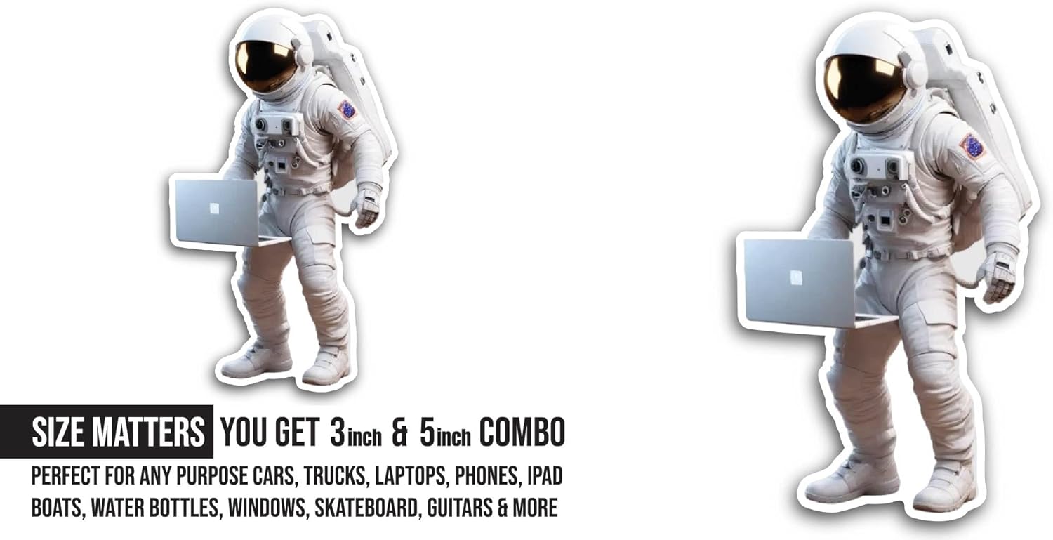 2 (Pieces) 3" and 5" Astronaut Holding Laptop Sticker, Waterproof Vinyl Decals for Many Purpose Like Cars, Trucks, Laptops, Phones, Windows and More