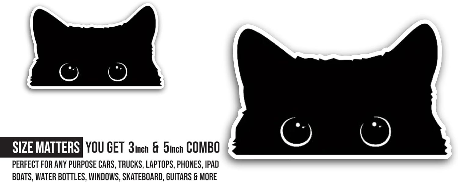 2 (Pieces) 3" and 5" Black Cat Peeking Sticker, Waterproof Vinyl Decals for Many Purpose Like Cars, Trucks, Laptops, Phones, Windows and More