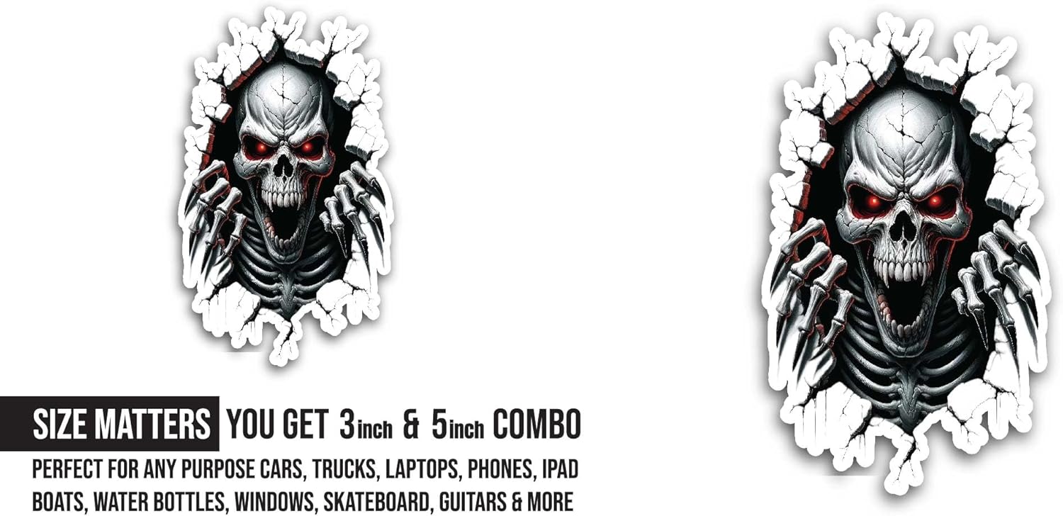 2 (Pieces) 3" and 5" Skelton in Dark Background Sticker, Waterproof Vinyl Decals for Many Purpose Like Cars, Trucks, Laptops, Phones, Windows and More
