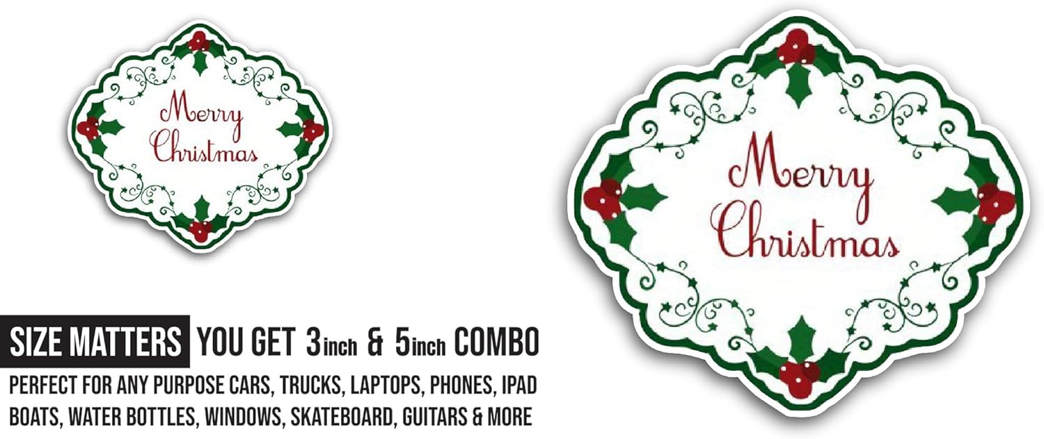 2 (Pieces) 3" and 5" Merry Christmas Decorative Sticker, Waterproof Vinyl Decals for Many Purpose Like Cars, Trucks, Laptops, Phones, Windows and More