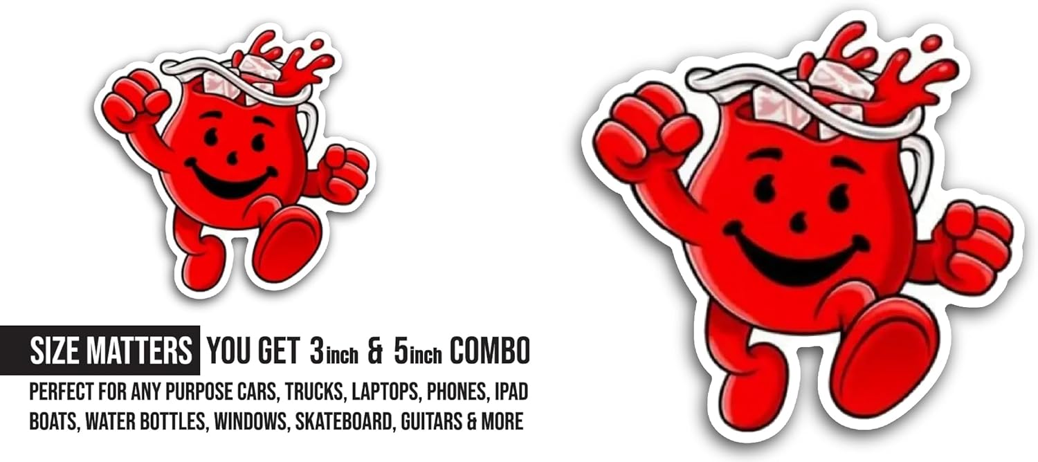 2 (Pieces) 3" and 5" K00l Aid Man Sticker, Waterproof Vinyl Decals for Many Purpose Like Cars, Trucks, Laptops, Phones, Windows and More