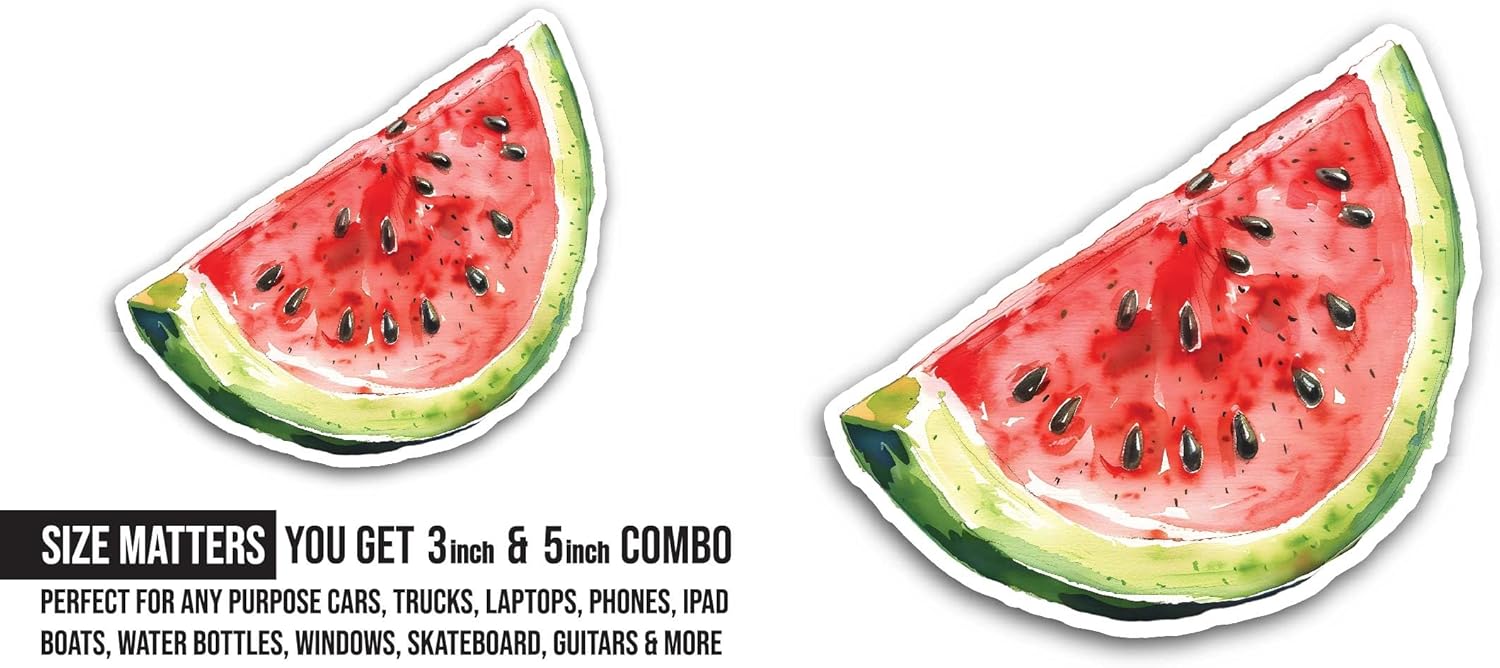 2 (Pieces) 3" and 5" Watermelon Slice with Seeds Sticker, Waterproof Vinyl Decals for Many Purpose Like Cars, Trucks, Laptops, Phones, Windows and More
