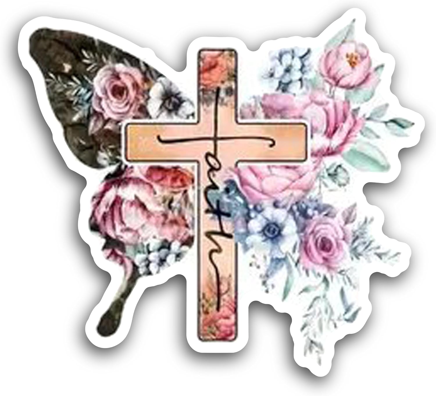 2 (Pieces) 3" and 5" Faith Message on Cross in Butterfly Shape Background Decal Sticker, Waterproof Vinyl Decals for Many Purpose Like Cars, Trucks, Laptops, Phones, Windows and More