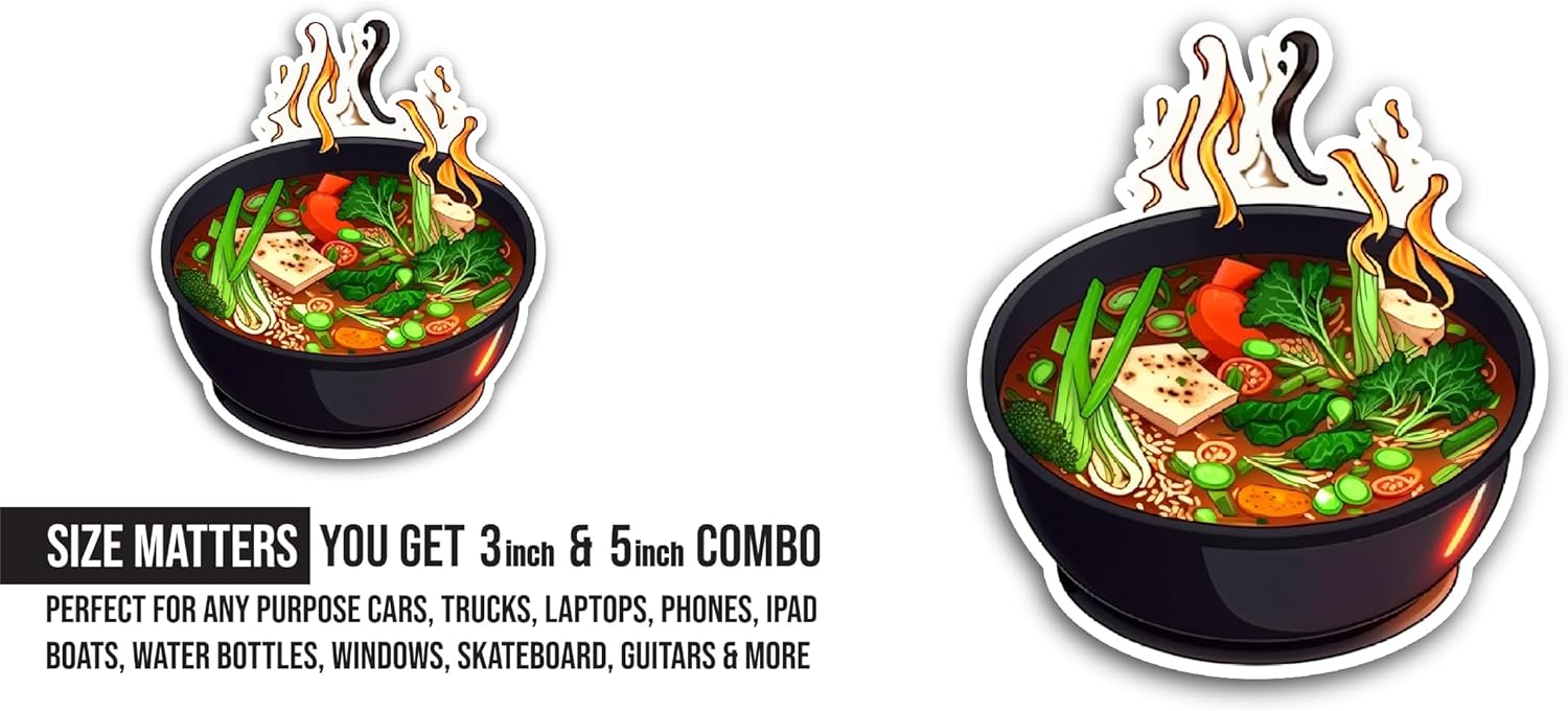 2 (Pieces) 3" and 5" Hot Soup Bowl Sticker, Waterproof Vinyl Decals for Many Purpose Like Cars, Trucks, Laptops, Phones, Windows and More