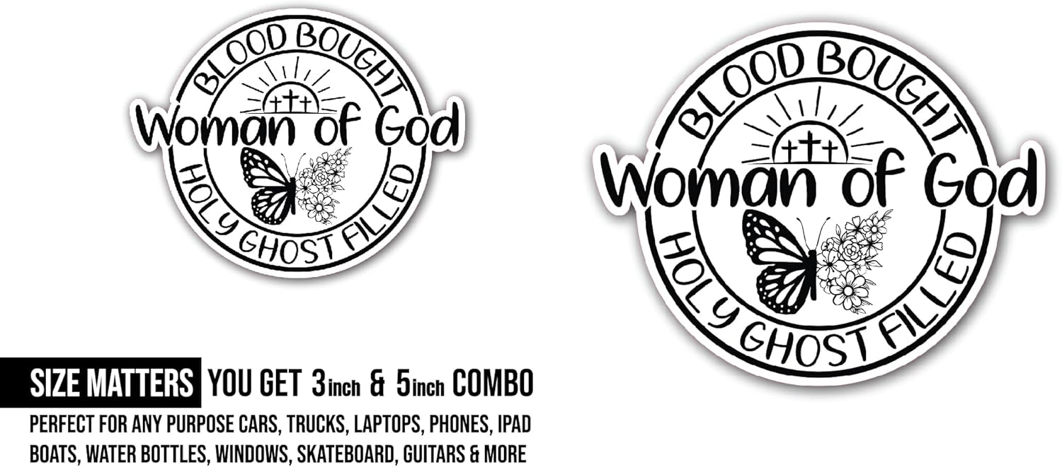 2 (Pieces) 3" and 5" Woman of God Black Text Sticker, Waterproof Vinyl Decals for Many Purpose Like Cars, Trucks, Laptops, Phones, Windows and More