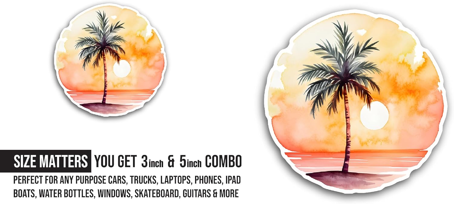 2 (Pieces) 3" and 5" Palm Tree and Sun Sticker, Waterproof Vinyl Decals for Many Purpose Like Cars, Trucks, Laptops, Phones, Windows and More