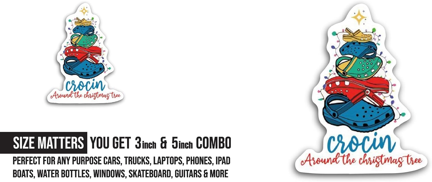 2 (Pieces) 3" and 5" Crocin' Around The Christmas Tree Sticker, Waterproof Vinyl Decals for Many Purpose Like Cars, Trucks, Laptops, Phones, Windows and More
