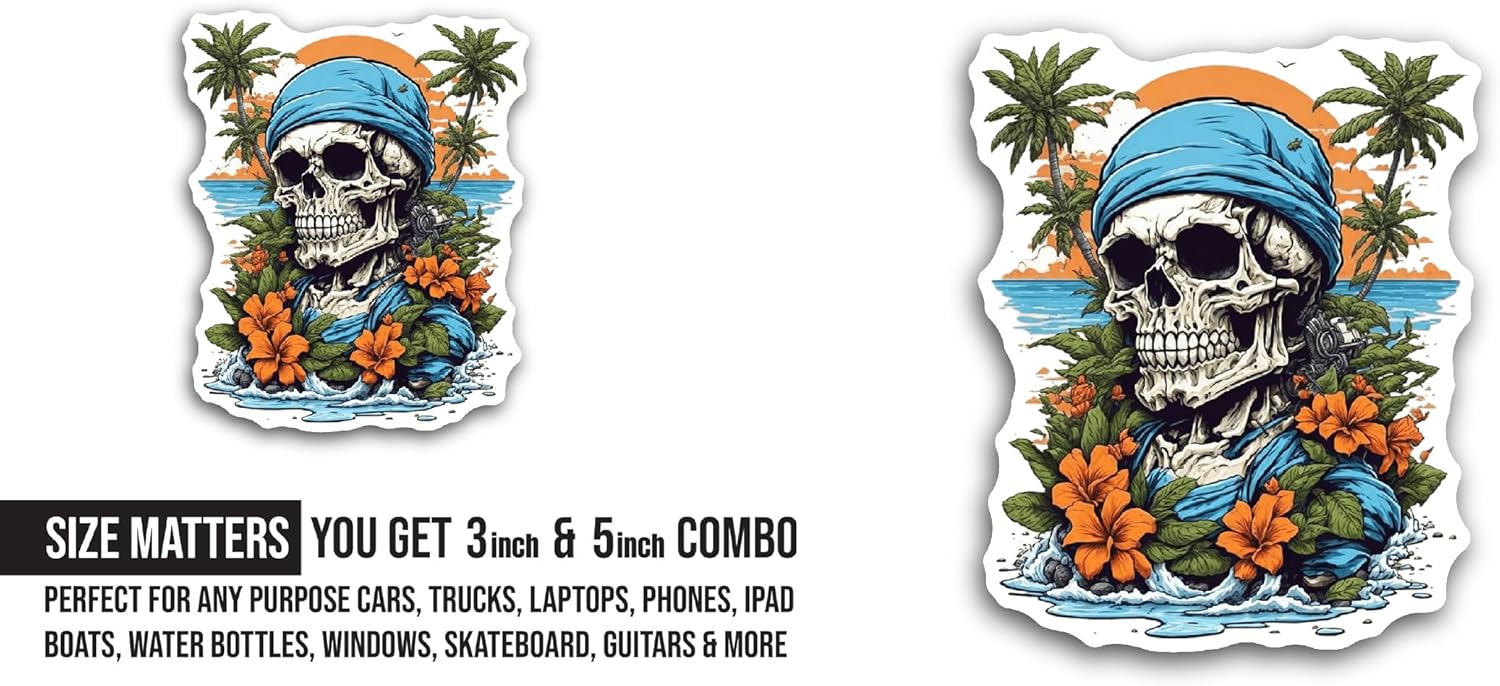 2 (Pieces) 3" and 5" Skull with A Tropical Landscape Sticker, Waterproof Vinyl Decals for Many Purpose Like Cars, Trucks, Laptops, Phones, Windows and More