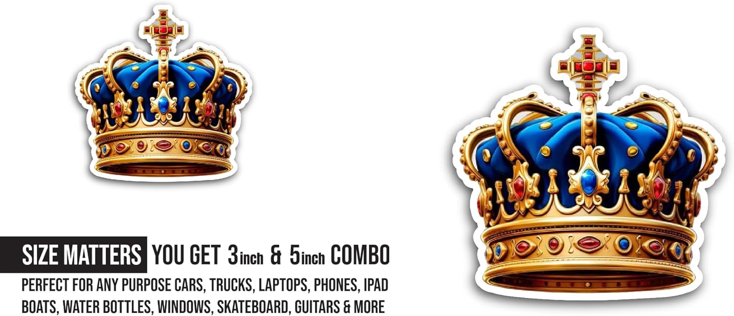 2 (Pieces) 3" and 5" Blue Crown Sticker, Waterproof Vinyl Decals for Many Purpose Like Cars, Trucks, Laptops, Phones, Windows and More