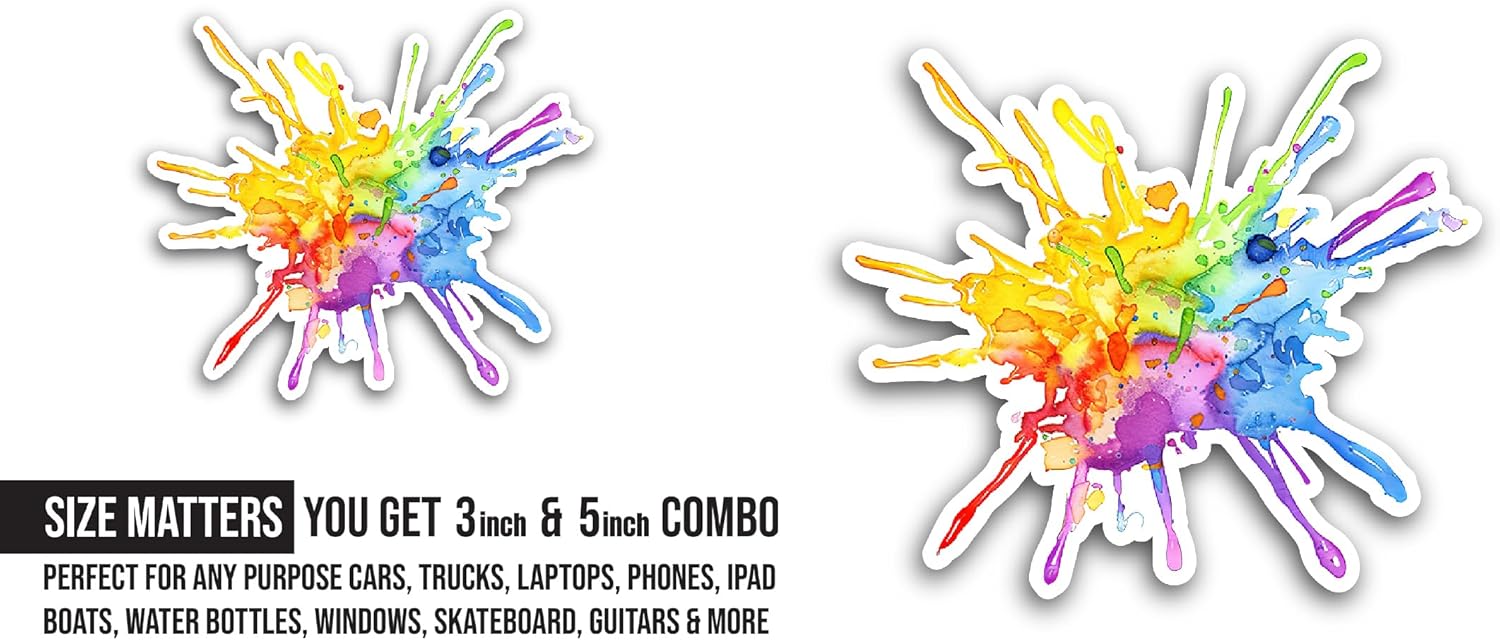 2 (Pieces) 3" and 5" Colorful Paint Splash Sticker, Waterproof Vinyl Decals for Many Purpose Like Cars, Trucks, Laptops, Phones, Windows and More