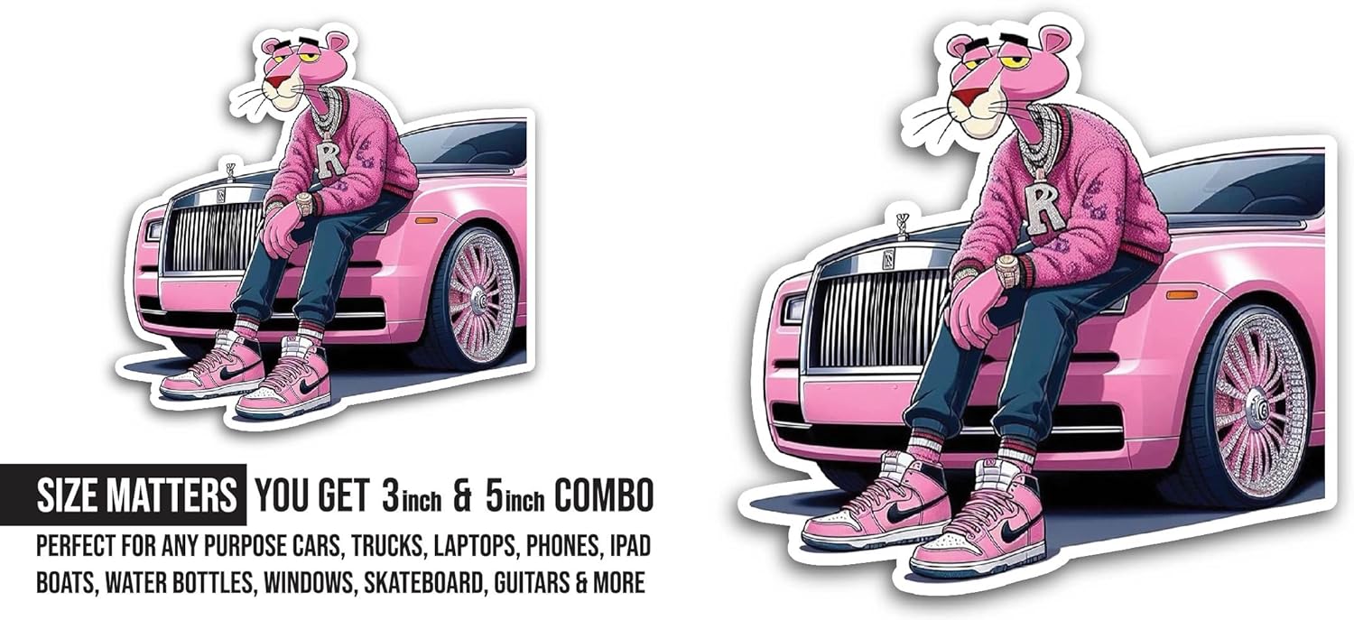 2 (Pieces) 3" and 5" Panther with Pink Car Sticker, Waterproof Vinyl Decals for Many Purpose Like Cars, Trucks, Laptops, Phones, Windows and More