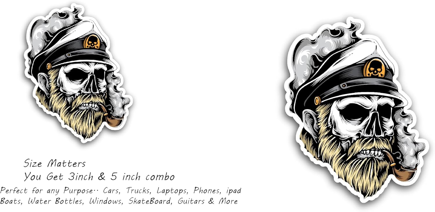 2 (Pieces) 3" and 5" Sailor Skull Sticker, Waterproof Vinyl Decals for Many Purpose Like Cars, Trucks, Laptops, Phones, Windows and More