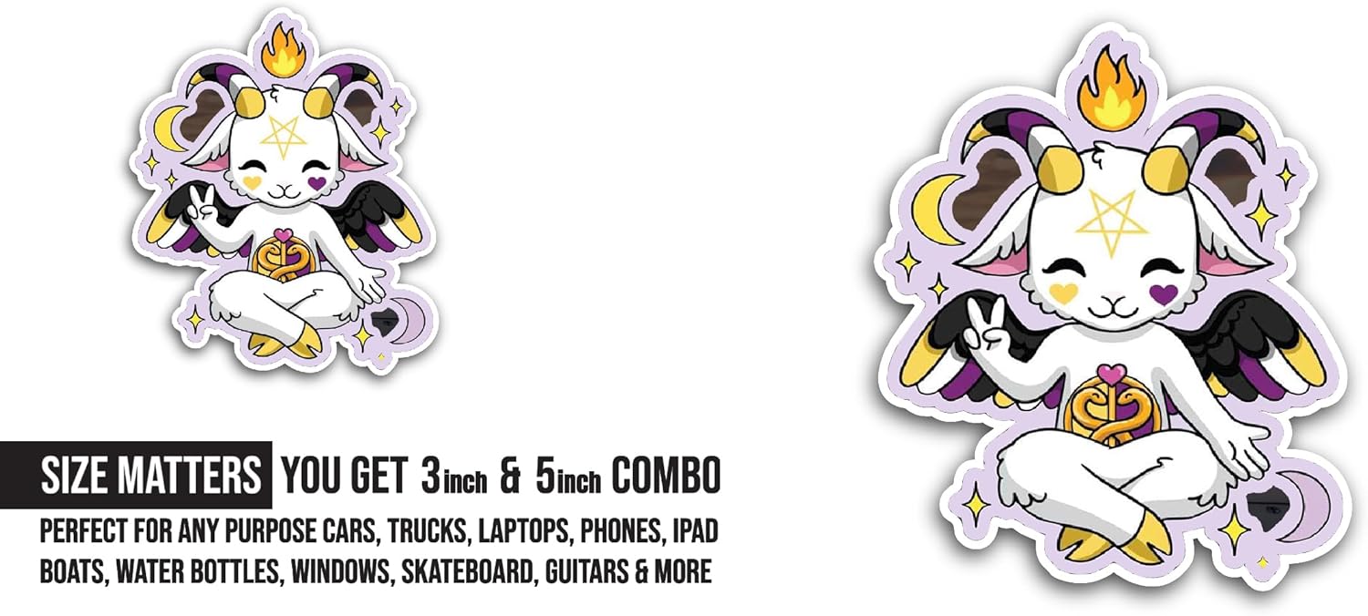 2 (Pieces) 3" and 5" Kawaii Baphomet Sticker, Waterproof Vinyl Decals for Many Purpose Like Cars, Trucks, Laptops, Phones, Windows and More