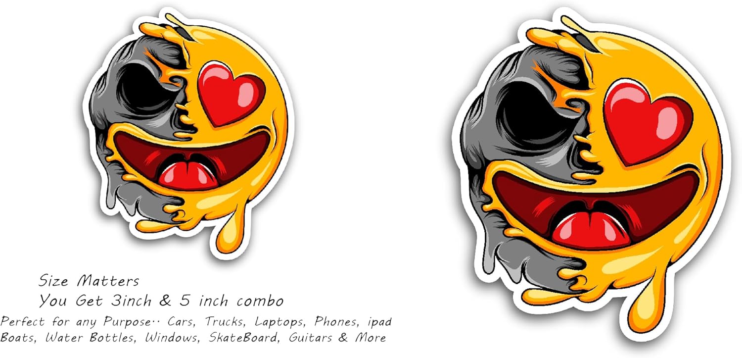 2 (Pieces) 3" and 5" Black and Yellow Face with Heart Sticker, Waterproof Vinyl Decals for Many Purpose Like Cars, Trucks, Laptops, Phones, Windows and More