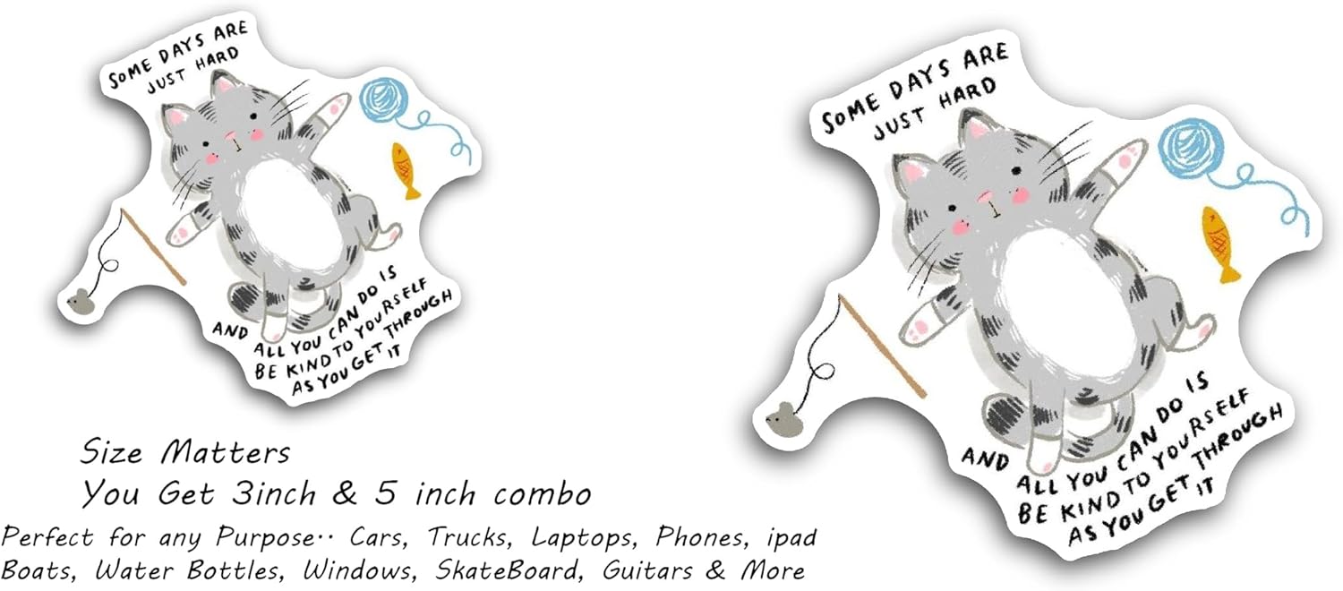 2 (Pieces) 3" and 5" Cute Cat Cartoon Sticker, Waterproof Vinyl Decals for Many Purpose Like Cars, Trucks, Laptops, Phones, Windows and More