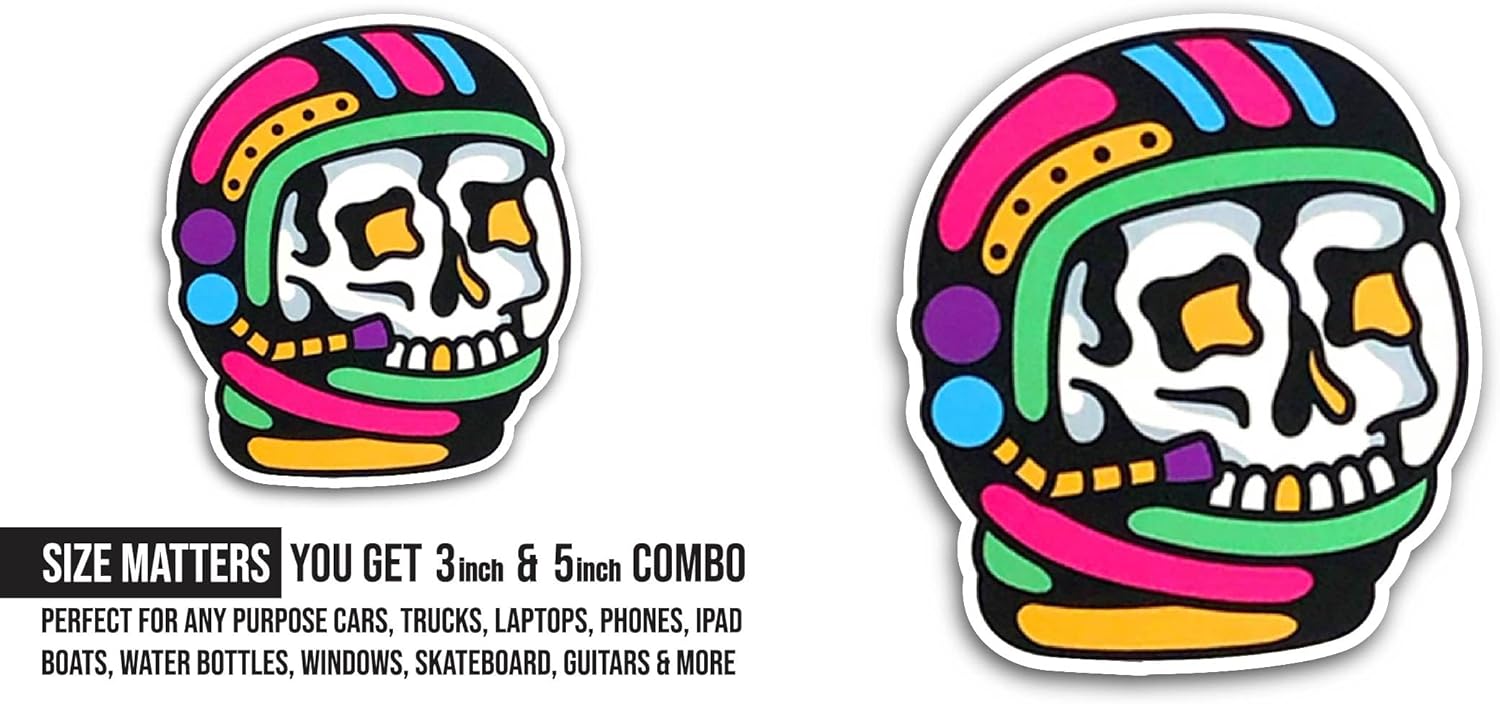 2 (Pieces) 3" and 5" Colorful Cartoon Skull Sticker, Waterproof Vinyl Decals for Many Purpose Like Cars, Trucks, Laptops, Phones, Windows and More