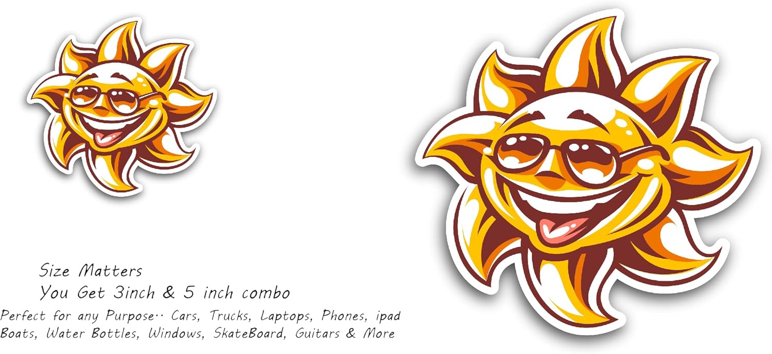 2 (Pieces) 3" and 5" Happy Sun Sticker, Waterproof Vinyl Decals for Many Purpose Like Cars, Trucks, Laptops, Phones, Windows and More