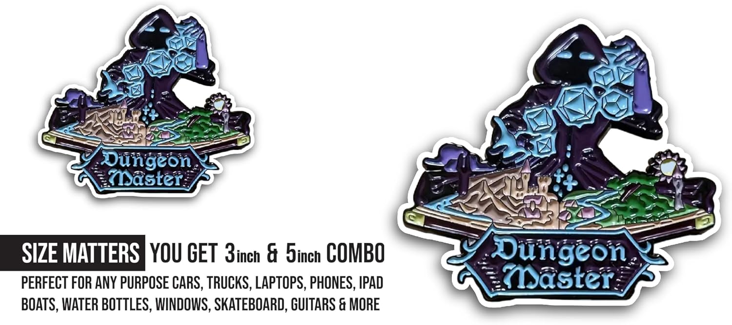2 (Pieces) 3" and 5" Dungeon Master Sticker, Waterproof Vinyl Decals for Many Purpose Like Cars, Trucks, Laptops, Phones, Windows and More
