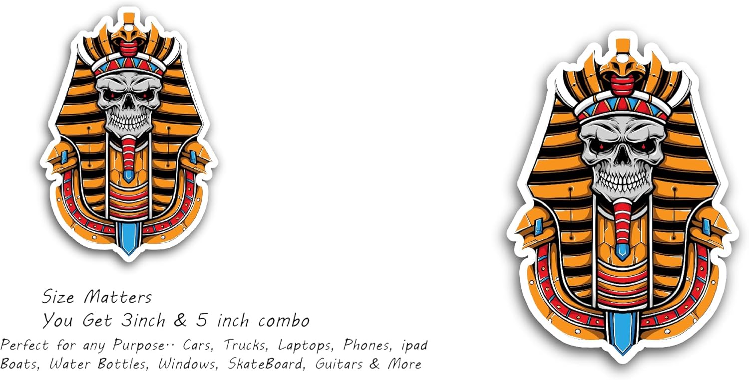 2 (Pieces) 3" and 5" Pharaoh Skull Sticker, Waterproof Vinyl Decals for Many Purpose Like Cars, Trucks, Laptops, Phones, Windows and More