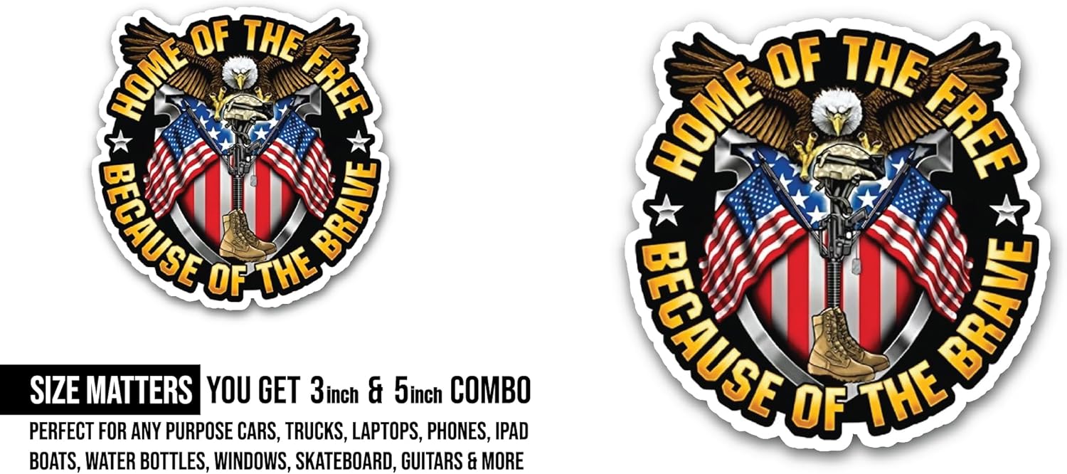2 (Pieces) 3" and 5" Home of The Free Sticker, Waterproof Vinyl Decals for Many Purpose Like Cars, Trucks, Laptops, Phones, Windows and More