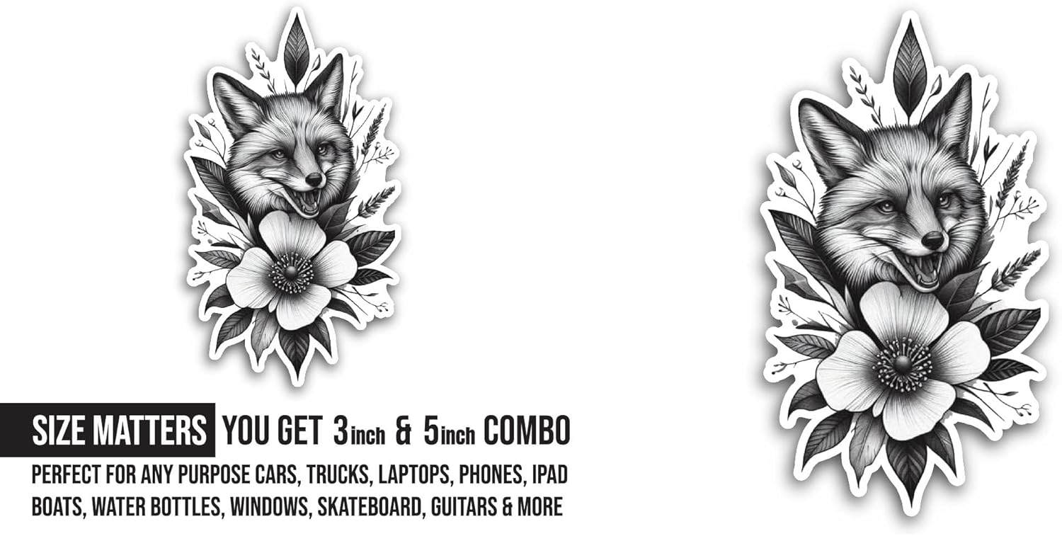 2 (Pieces) 3" and 5" Fox with Wildflowers Sticker, Waterproof Vinyl Decals for Many Purpose Like Cars, Trucks, Laptops, Phones, Windows and More