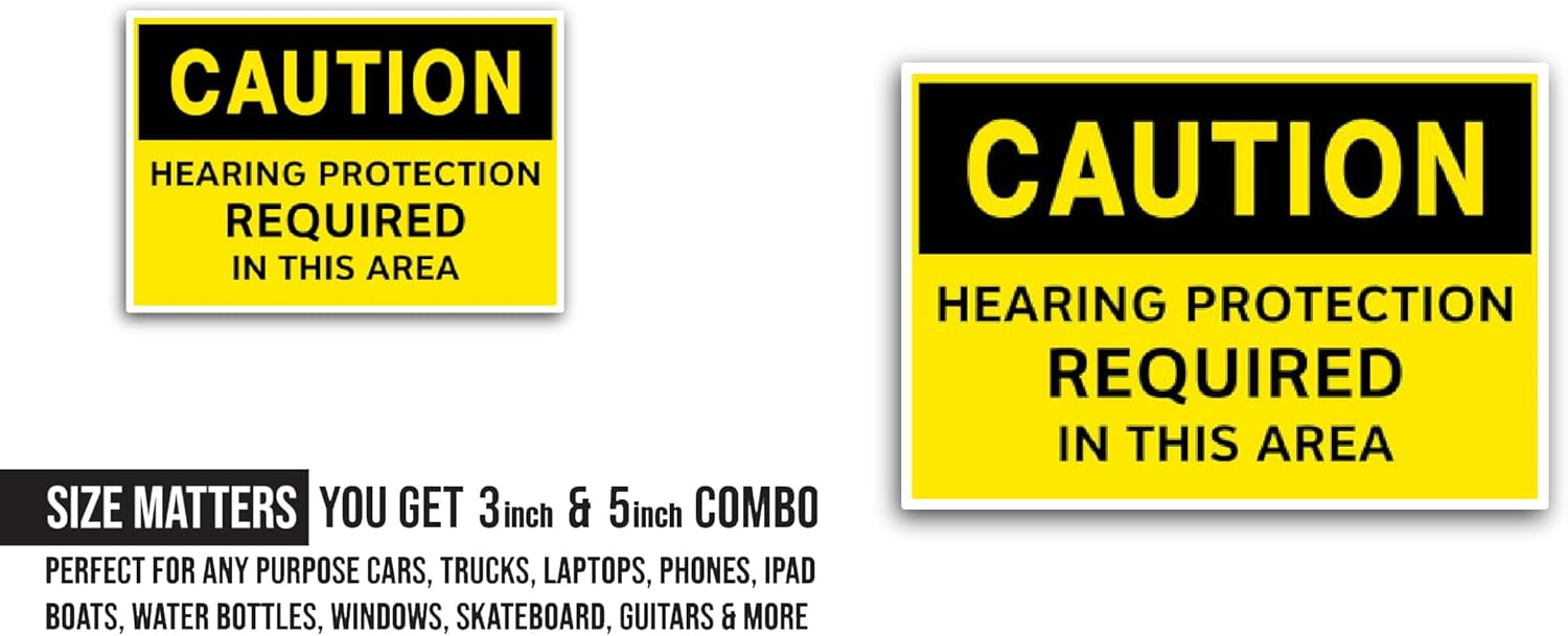 2 (Pieces) 3" and 5" Caution Hearing Protection Required in This Area Sign Sticker, Waterproof Vinyl Decals for Many Purpose Like Cars, Trucks, Laptops, Phones, Windows and More