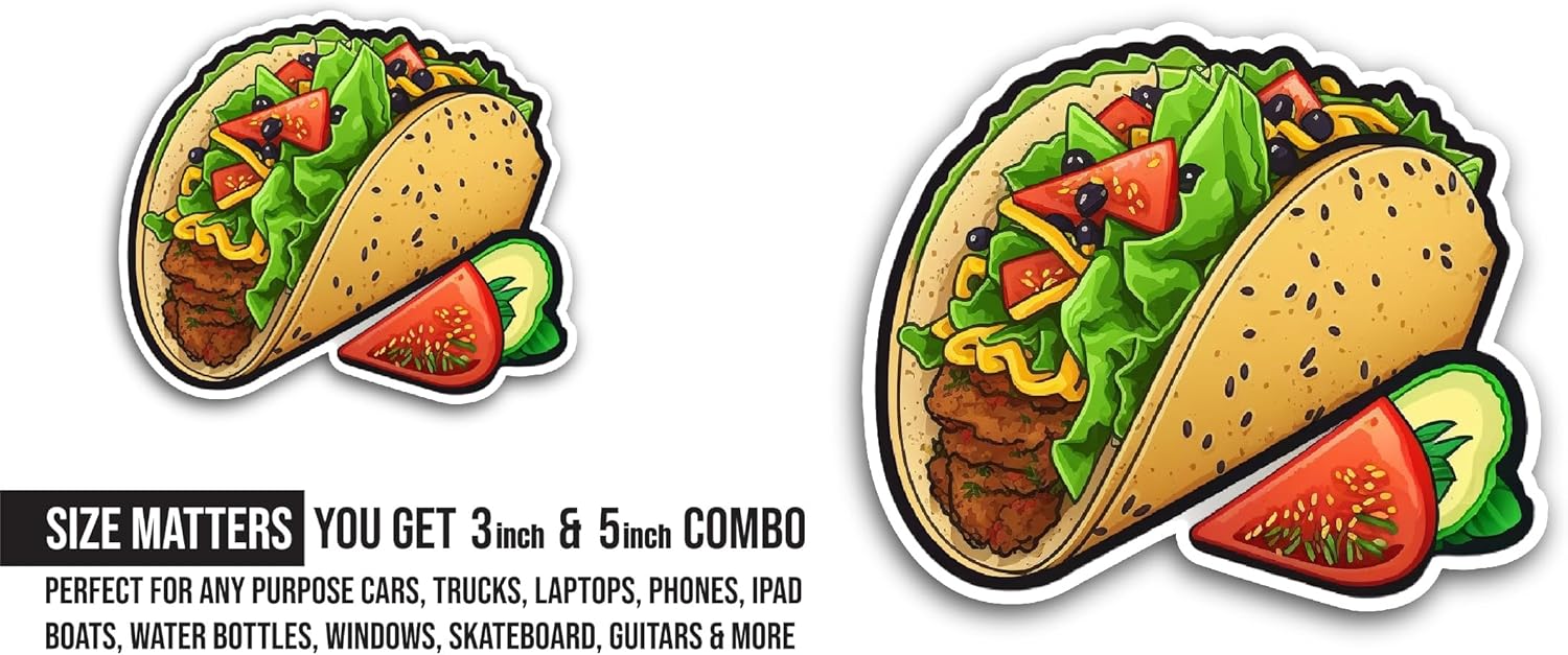 2 (Pieces) 3" and 5" Tacos Sticker, Waterproof Vinyl Decals for Many Purpose Like Cars, Trucks, Laptops, Phones, Windows and More