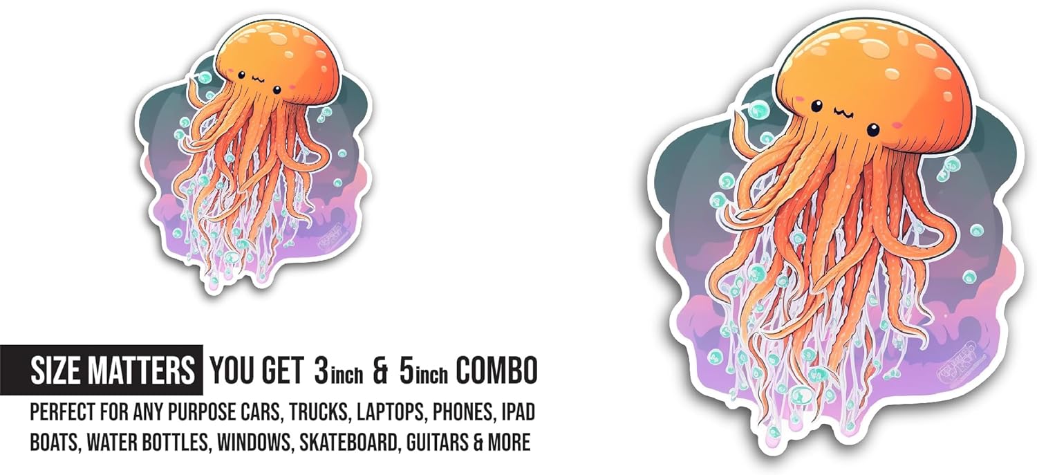 2 (Pieces) 3" and 5" Cute Jellyfish Sticker, Waterproof Vinyl Decals for Many Purpose Like Cars, Trucks, Laptops, Phones, Windows and More