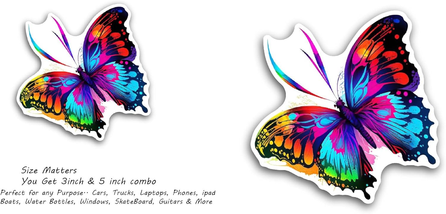 2 (Pieces) 3" and 5" Colorful Butterfly Sticker, Waterproof Vinyl Decals for Many Purpose Like Cars, Trucks, Laptops, Phones, Windows and More