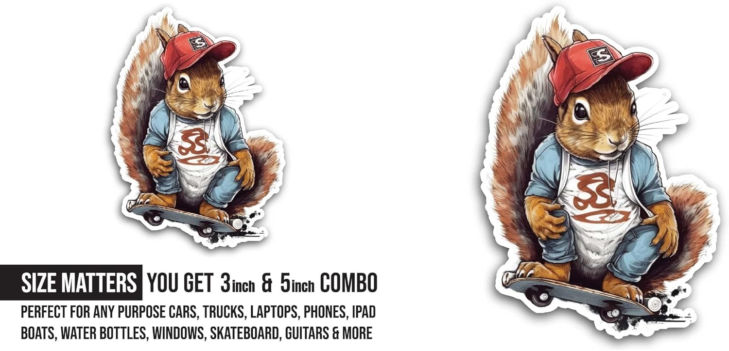 2 (Pieces) 3" and 5" Squirrel Riding A Skateboard Sticker, Waterproof Vinyl Decals for Many Purpose Like Cars, Trucks, Laptops, Phones, Windows and More