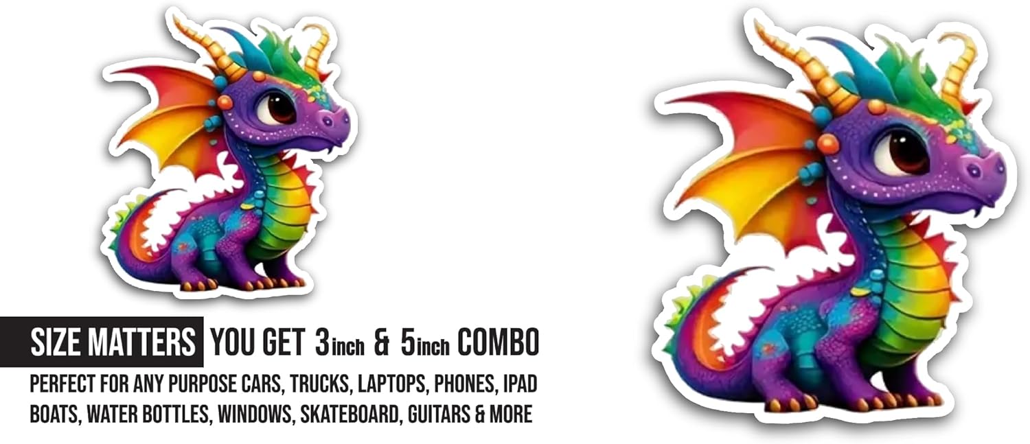2 (Pieces) 3" and 5" Rainbow Dragon Sticker, Waterproof Vinyl Decals for Many Purpose Like Cars, Trucks, Laptops, Phones, Windows and More