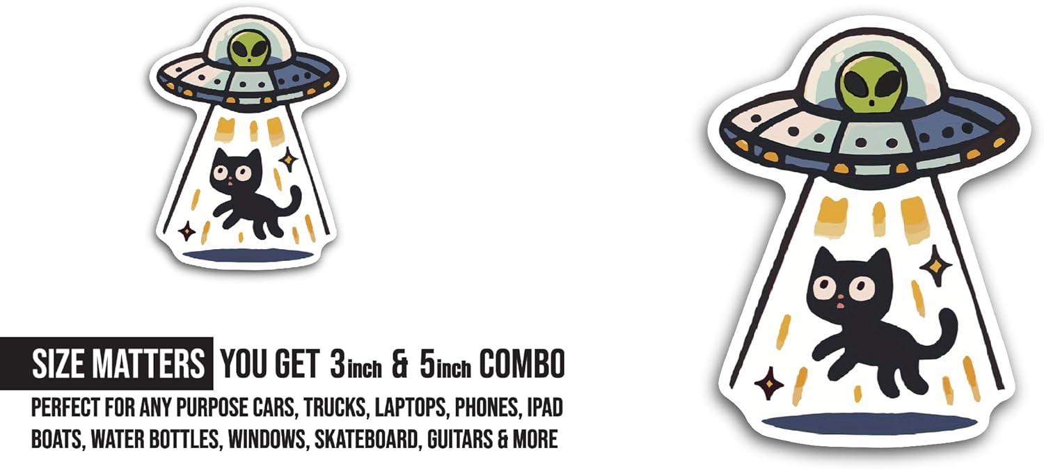 2 (Pieces) 3" and 5" Cat UFO Sticker, Waterproof Vinyl Decals for Many Purpose Like Cars, Trucks, Laptops, Phones, Windows and More