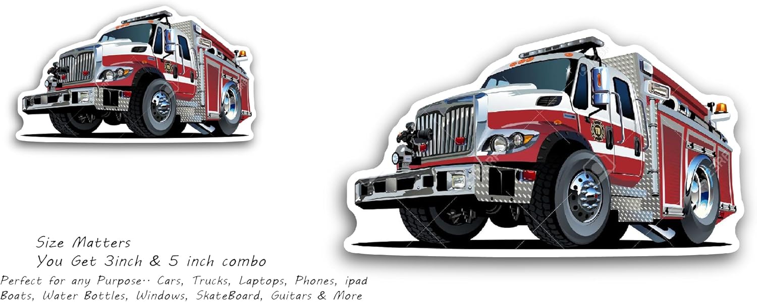 2 (Pieces) 3" and 5" Cartoon Fire Truck Sticker, Waterproof Vinyl Decals for Many Purpose Like Cars, Trucks, Laptops, Phones, Windows and More