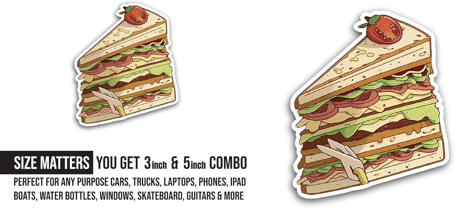 2 (Pieces) 3" and 5" Sandwich Sticker, Waterproof Vinyl Decals for Many Purpose Like Cars, Trucks, Laptops, Phones, Windows and More