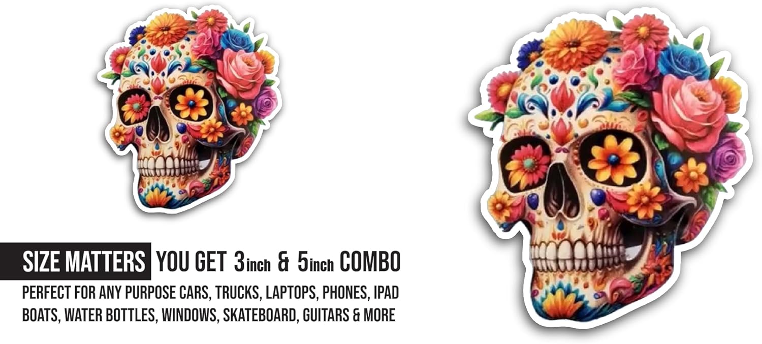 2 (Pieces) 3" and 5" Colorful Skull with Flowers Sticker, Waterproof Vinyl Decals for Many Purpose Like Cars, Trucks, Laptops, Phones, Windows and More