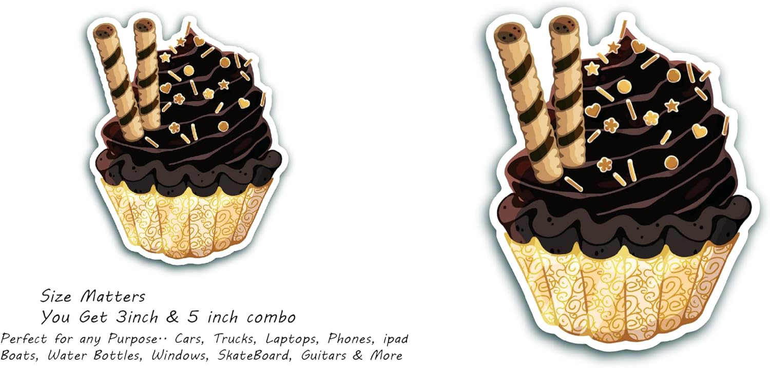 2 (Pieces) 3" and 5" Chocolate Cupcake Sticker, Waterproof Vinyl Decals for Many Purpose Like Cars, Trucks, Laptops, Phones, Windows and More