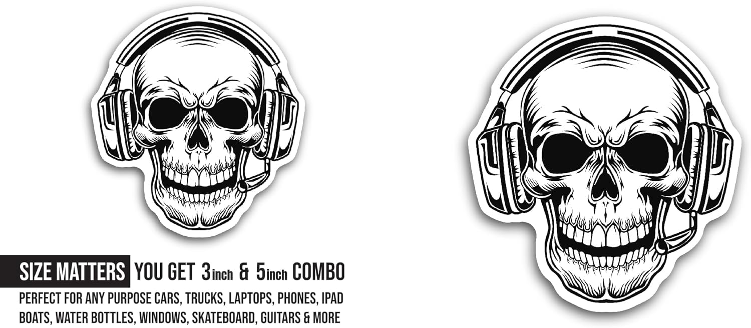 2 (Pieces) 3" and 5" Skull Face with Headphones Sticker, Waterproof Vinyl Decals for Many Purpose Like Cars, Trucks, Laptops, Phones, Windows and More