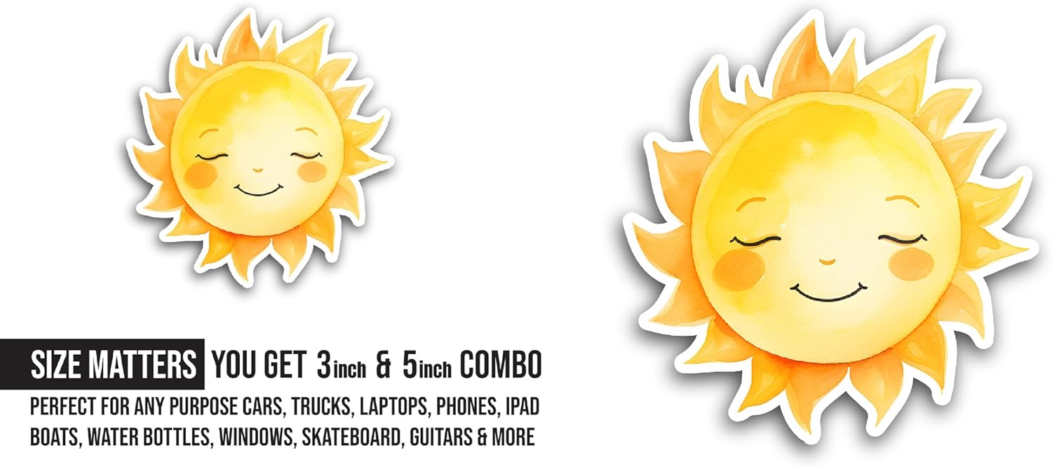 2 (Pieces) 3" and 5" Cute Happy Sun Sticker, Waterproof Vinyl Decals for Many Purpose Like Cars, Trucks, Laptops, Phones, Windows and More