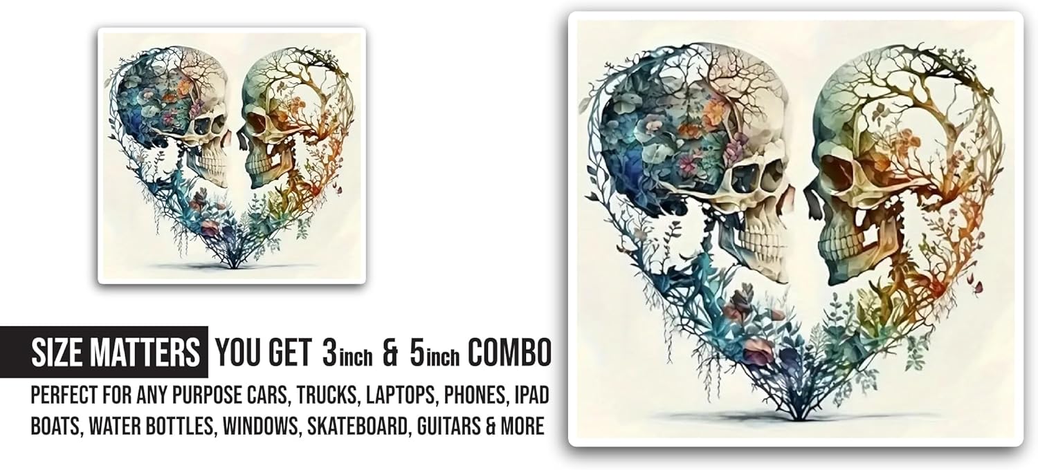 2 (Pieces) 3" and 5" Skull Heart Sticker, Waterproof Vinyl Decals for Many Purpose Like Cars, Trucks, Laptops, Phones, Windows and More