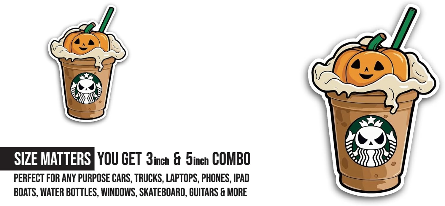 2 (Pieces) 3" and 5" Pumpkin Latte Sticker, Waterproof Vinyl Decals for Many Purpose Like Cars, Trucks, Laptops, Phones, Windows and More
