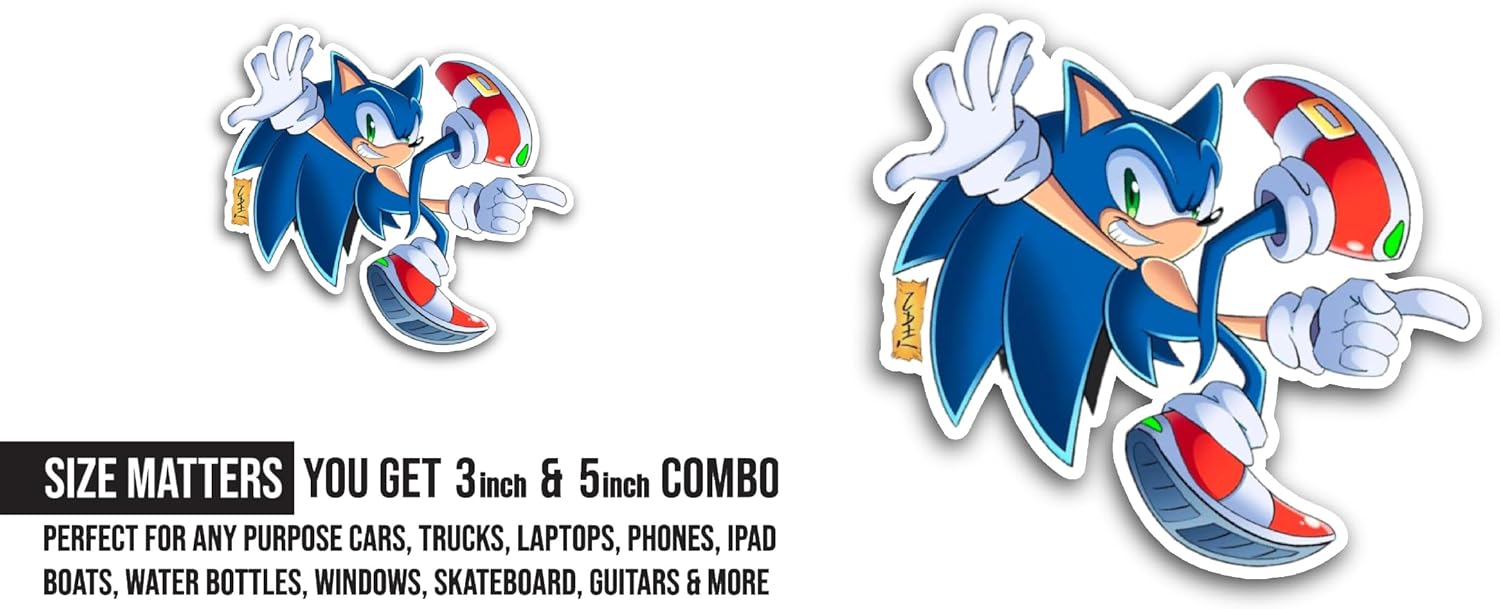 2 (Pieces) 3" and 5" S0nic Sticker, Waterproof Vinyl Decals for Many Purpose Like Cars, Trucks, Laptops, Phones, Windows and More