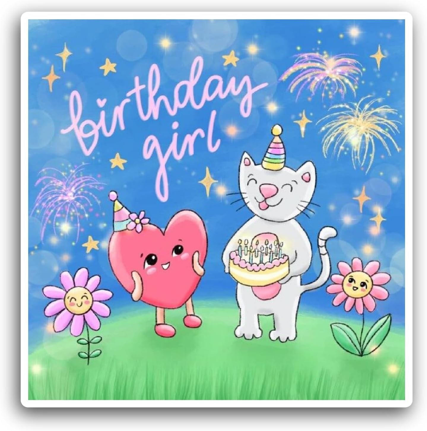2 (Pieces) 3" and 5" Cat and Heart Birthday Celebration Sticker, Waterproof Vinyl Decals for Many Purpose Like Cars, Trucks, Laptops, Phones, Windows and More