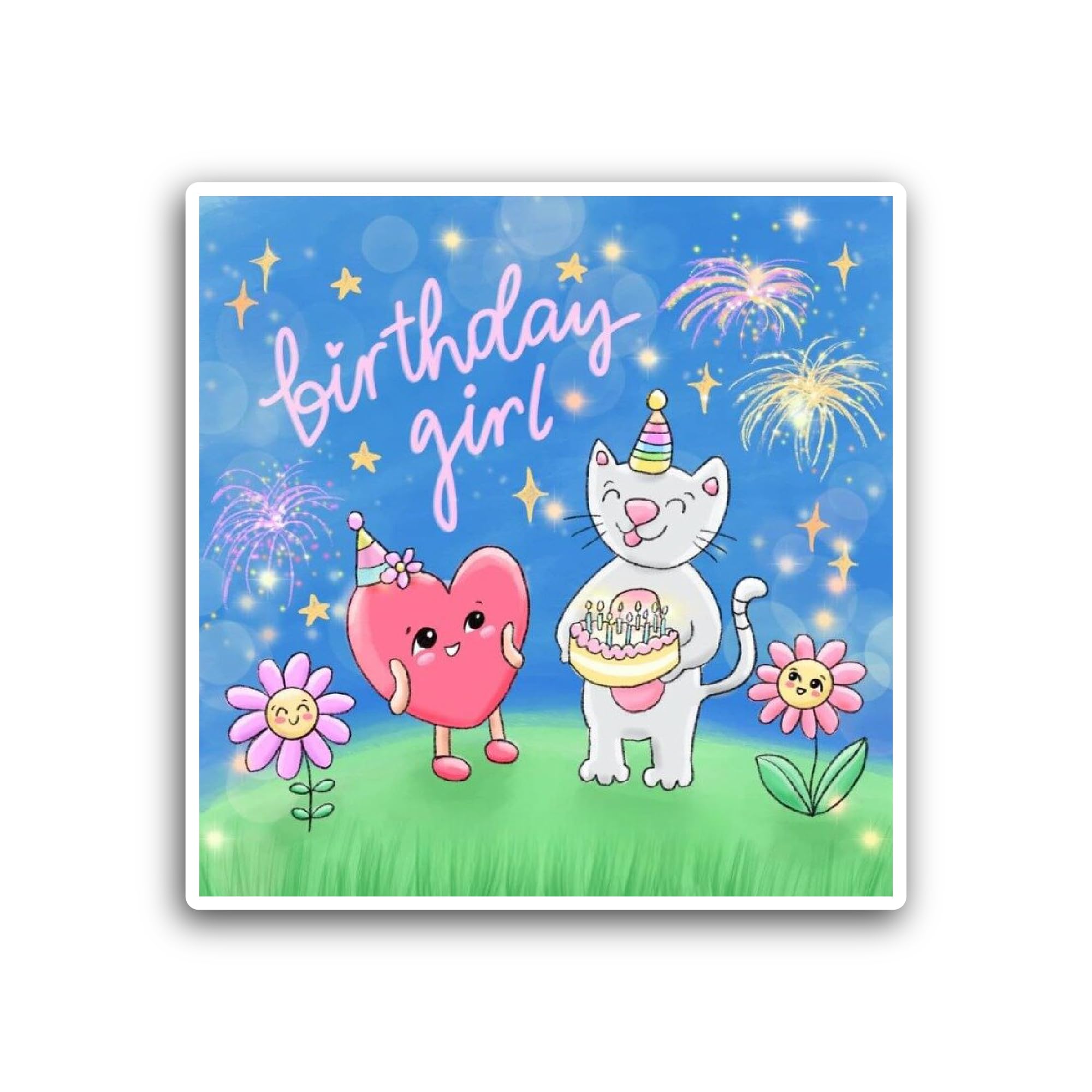 2 (Pieces) 3" and 5" Cat and Heart Birthday Celebration Sticker, Waterproof Vinyl Decals for Many Pu